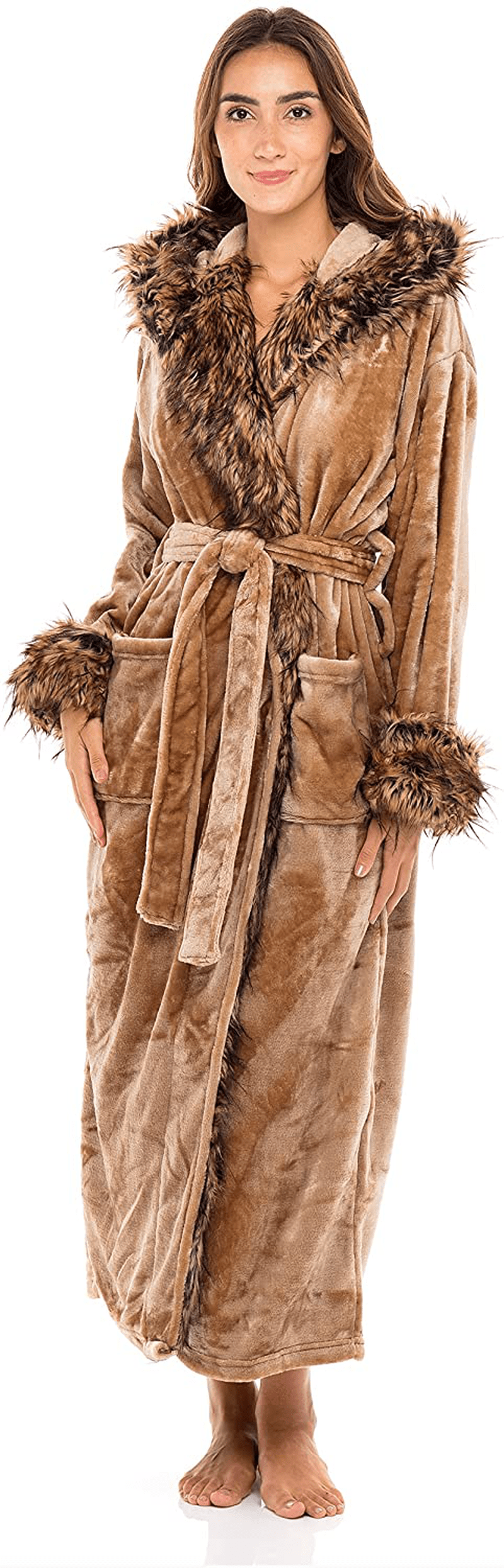 Alexander Del Rossa Women'S Warm Fleece Robe with Hood, Long Faux Fur Plush Bathrobe for Winter Apparel & Accessories > Clothing > Sleepwear & Loungewear > Robes Alexander Del Rossa Beige With Brown Wolf Faux Fur Limited Edition X-Small