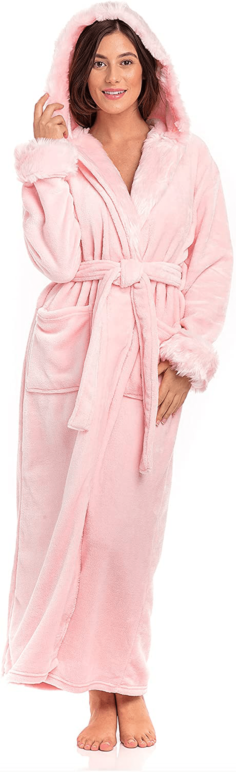 Alexander Del Rossa Women'S Warm Fleece Robe with Hood, Long Faux Fur Plush Bathrobe for Winter Apparel & Accessories > Clothing > Sleepwear & Loungewear > Robes Alexander Del Rossa Pink Rose Quartz With Faux Fur Large-X-Large