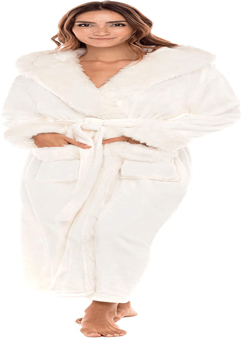 Alexander Del Rossa Women'S Warm Fleece Robe with Hood, Long Faux Fur Plush Bathrobe for Winter Apparel & Accessories > Clothing > Sleepwear & Loungewear > Robes Alexander Del Rossa Coconut Cream With Animal Ears X-Small