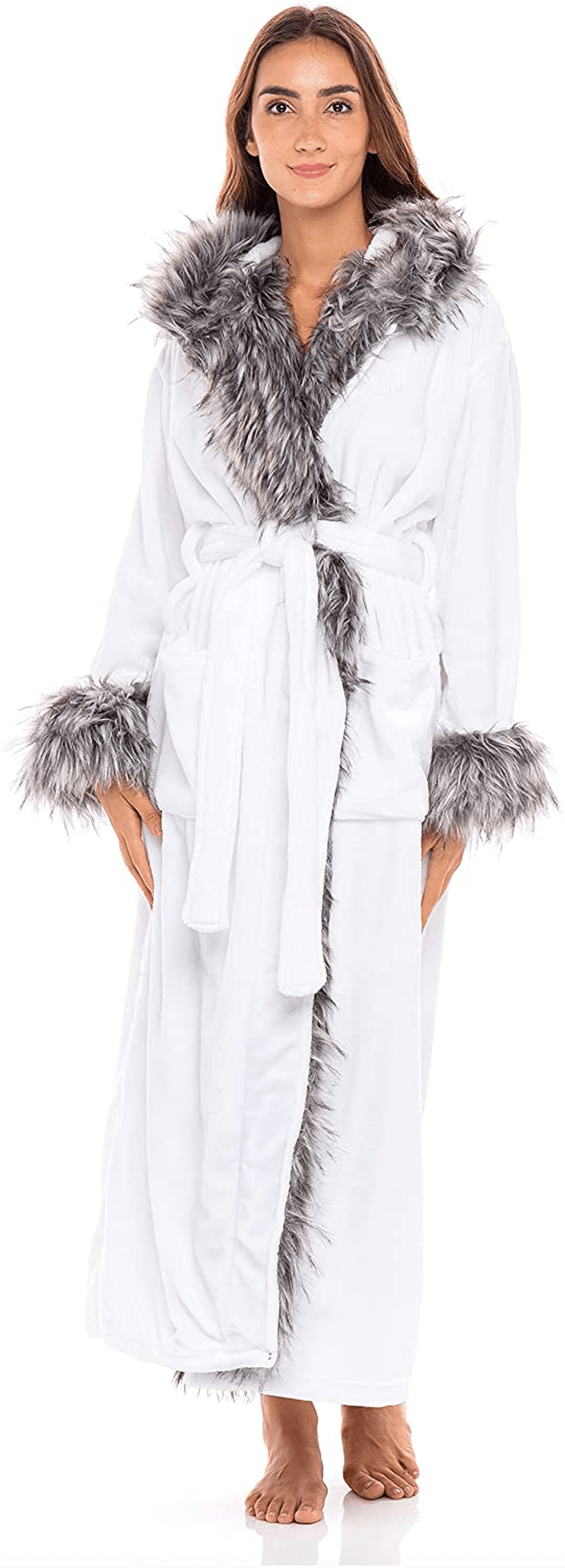 Alexander Del Rossa Women'S Warm Fleece Robe with Hood, Long Faux Fur Plush Bathrobe for Winter Apparel & Accessories > Clothing > Sleepwear & Loungewear > Robes Alexander Del Rossa White With Gray Wolf Fur 5X-6X