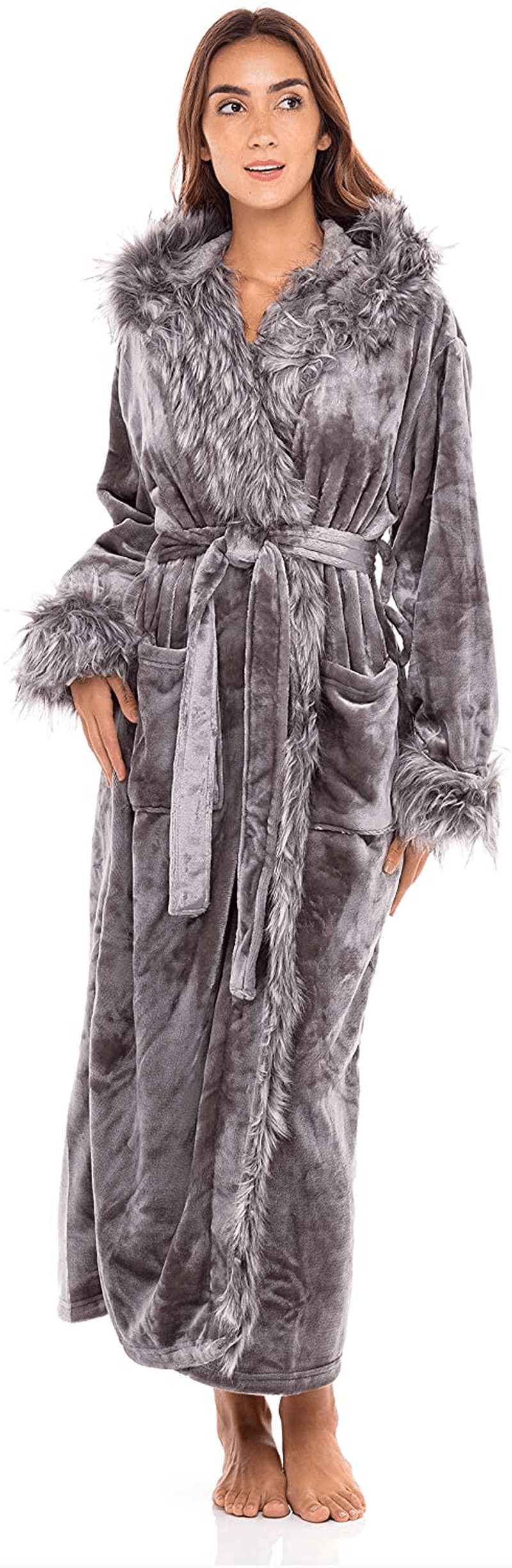 Alexander Del Rossa Women'S Warm Fleece Robe with Hood, Long Faux Fur Plush Bathrobe for Winter Apparel & Accessories > Clothing > Sleepwear & Loungewear > Robes Alexander Del Rossa Gray With Gray Wolf Faux Fur X-Small