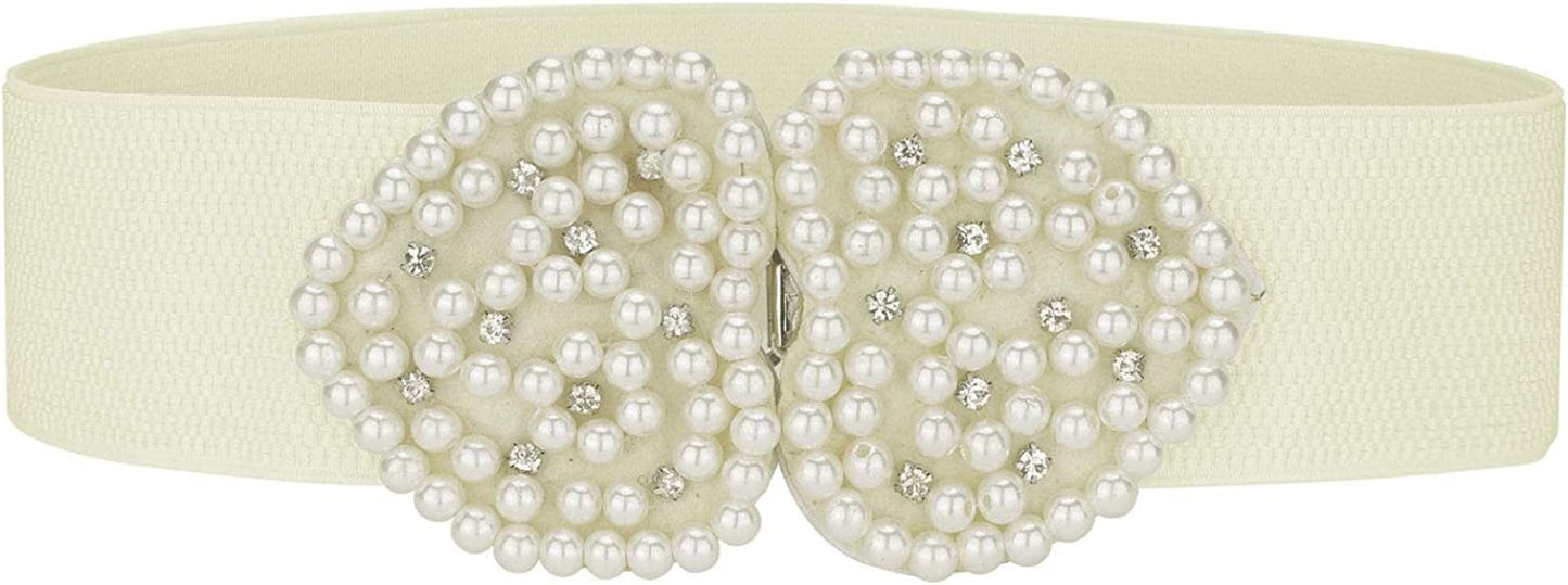 Allegra K Heart Shape Design Faux Pearl Rhinestone Decor Waist Belts for Women Apparel & Accessories > Clothing Accessories > Belts Allegra K White One Size
