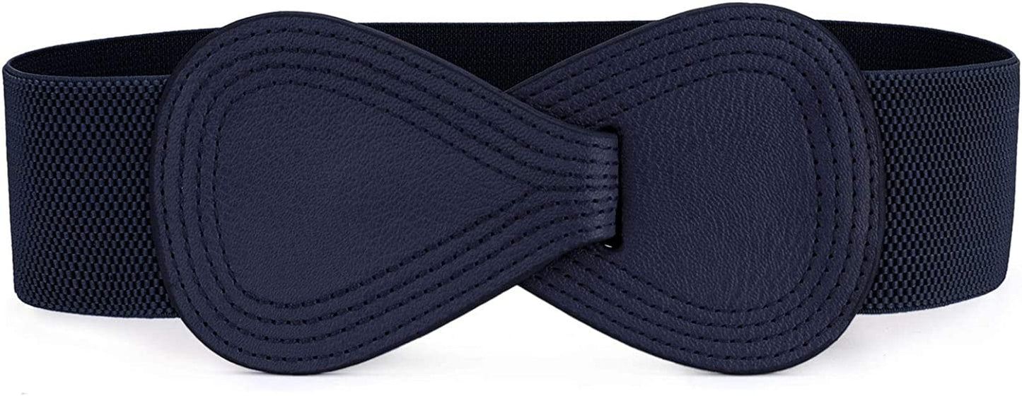 Allegra K Interlock Buckle 8-Shaped Faux Leather Elastic Belt Cinch Waistband for Lady Apparel & Accessories > Clothing Accessories > Belts Allegra K Dark Blue Fit Waist Girth:25"/63.5cm-37"/94cm