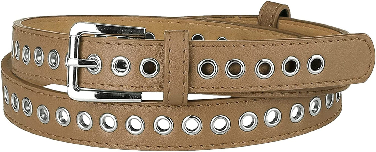 Allegra K Women Grommet Belt PU Leather Metal Buckle Skinny Waist Hollow Belts Apparel & Accessories > Clothing Accessories > Belts Allegra K Khaki Fit waist up to 104cm/41"
