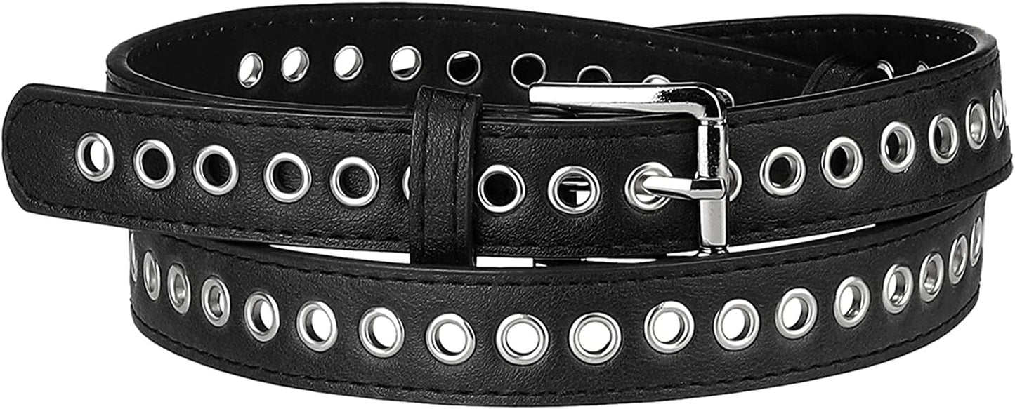 Allegra K Women Grommet Belt PU Leather Metal Buckle Skinny Waist Hollow Belts Apparel & Accessories > Clothing Accessories > Belts Allegra K Black Fit waist up to 104cm/41"