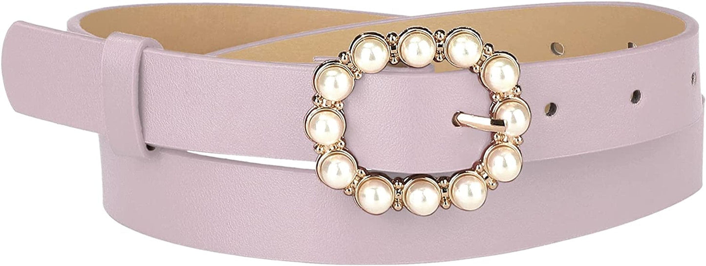 Allegra K Womens Pearl Waistband Skinny Leather Adjustable Pin Buckle Belt for Jeans Dresses Pants Apparel & Accessories > Clothing Accessories > Belts Allegra K Light Purple 75-90cm/29.53"-35.43"