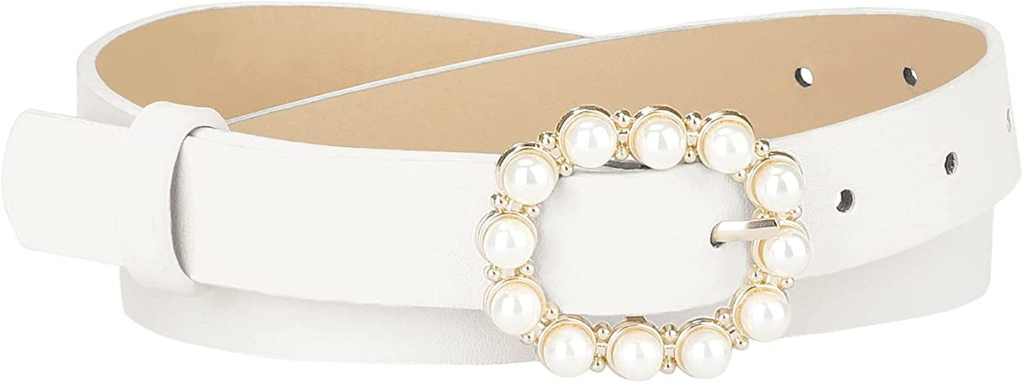 Allegra K Womens Pearl Waistband Skinny Leather Adjustable Pin Buckle Belt for Jeans Dresses Pants Apparel & Accessories > Clothing Accessories > Belts Allegra K White 75-90cm/29.53"-35.43"