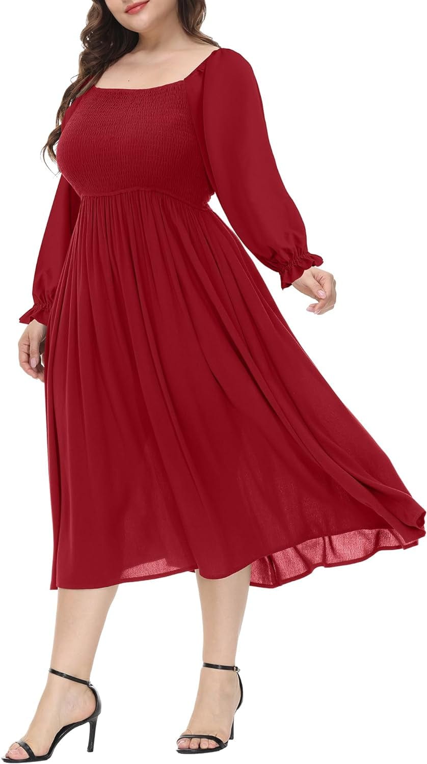 ALLEGRACE plus Size Dress for Women Long Sleeve Boho Square Neck Causal Flowy Cocktail Party Fall Maxi Dresses Red / 4X