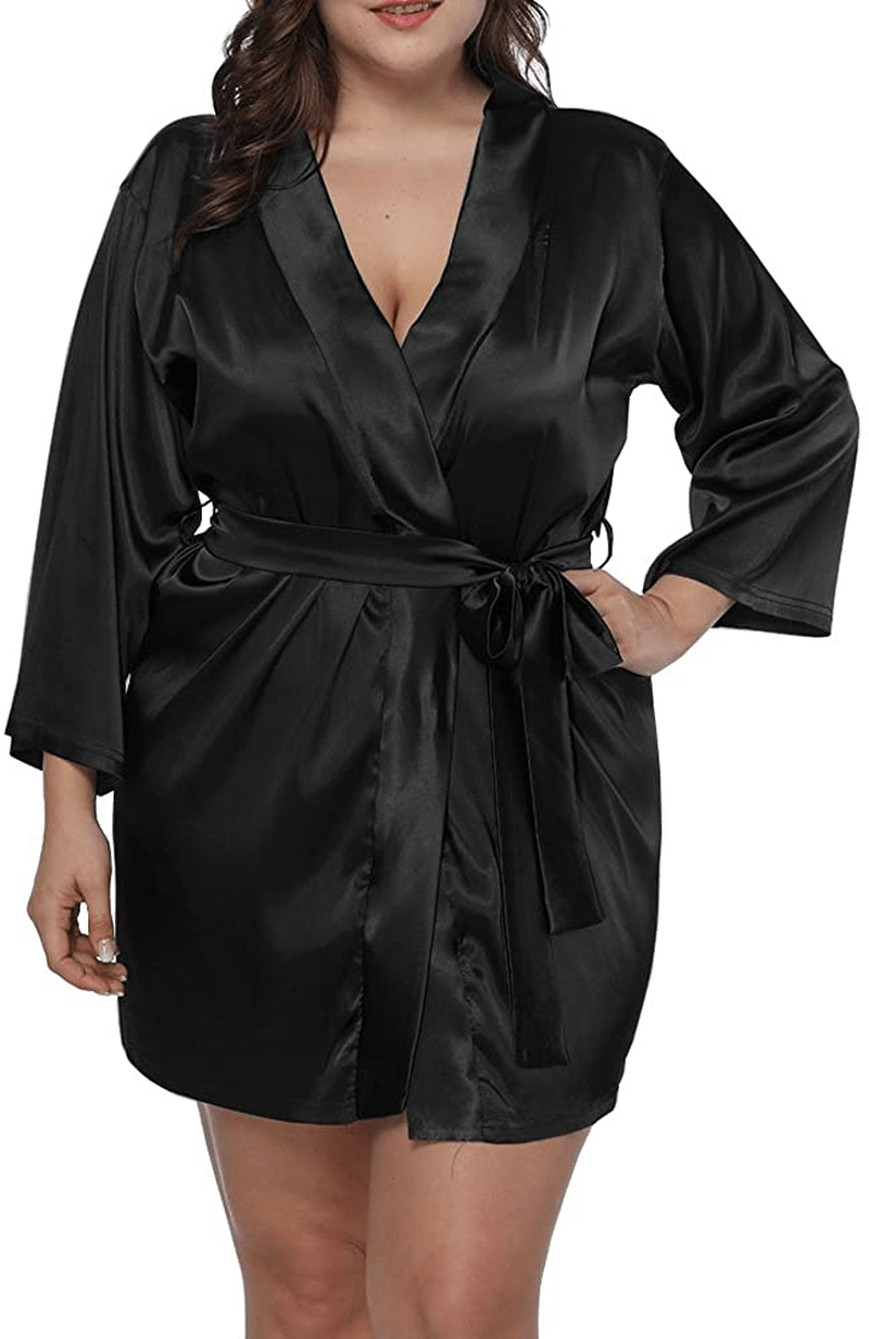 ALLEGRACE Women plus Size Satin Wrap Front Kimono Robes Short Pajamas with Belt Apparel & Accessories > Clothing > Sleepwear & Loungewear > Robes ALLEGRACE