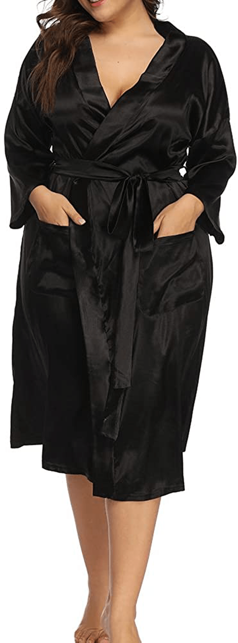 ALLEGRACE Women'S plus Size Robes Silky Satin Long Kimino Bridesmaids Sleep Lounge Robe Apparel & Accessories > Clothing > Sleepwear & Loungewear > Robes ALLEGRACE