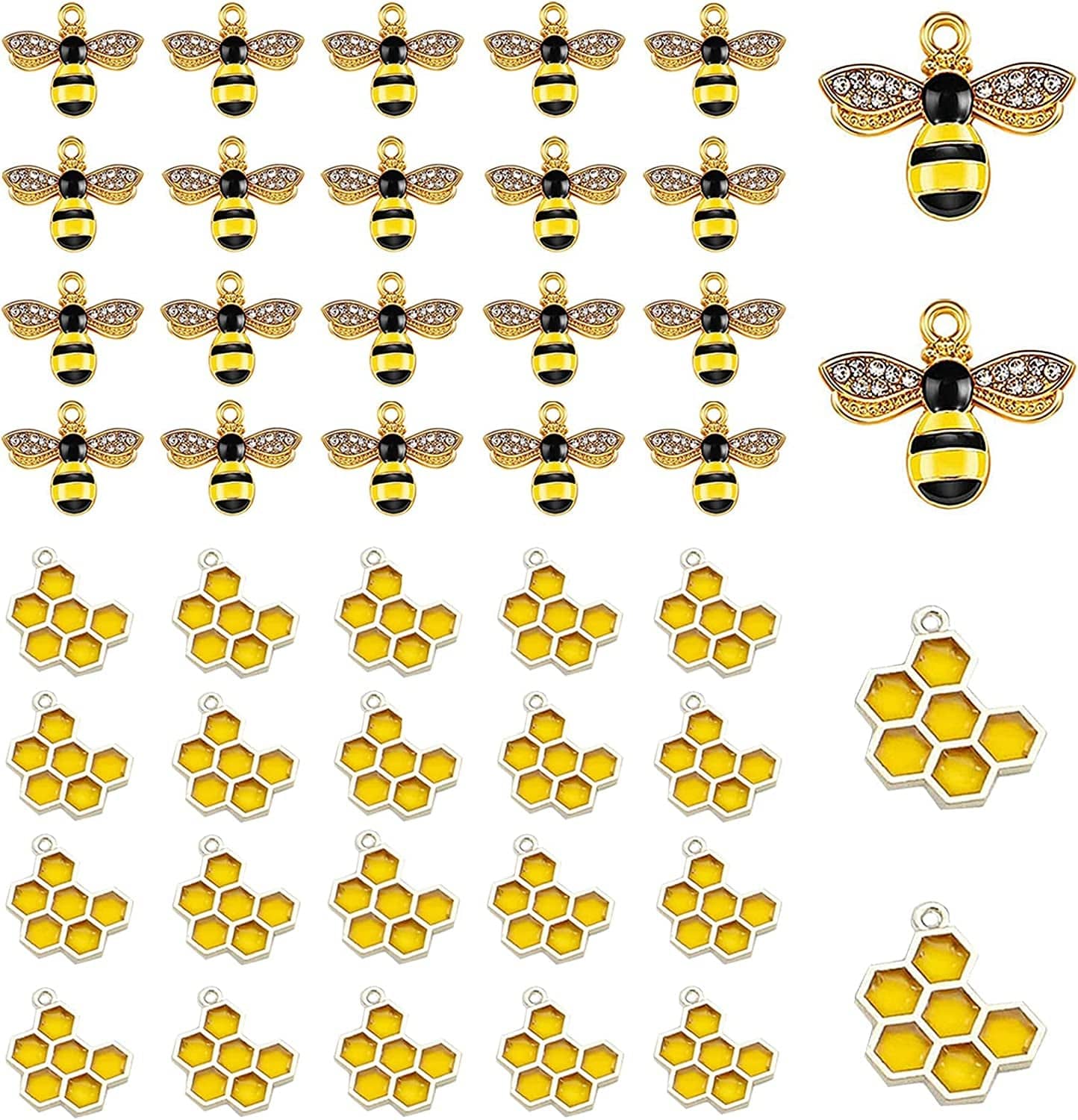 Alloy Enamel Bee Charms Rhinestone Jewelry Making Bee Pendant Charms, Honeycomb Charms Pendants for Jewelry Making Crafts DIY S1-60Pcs