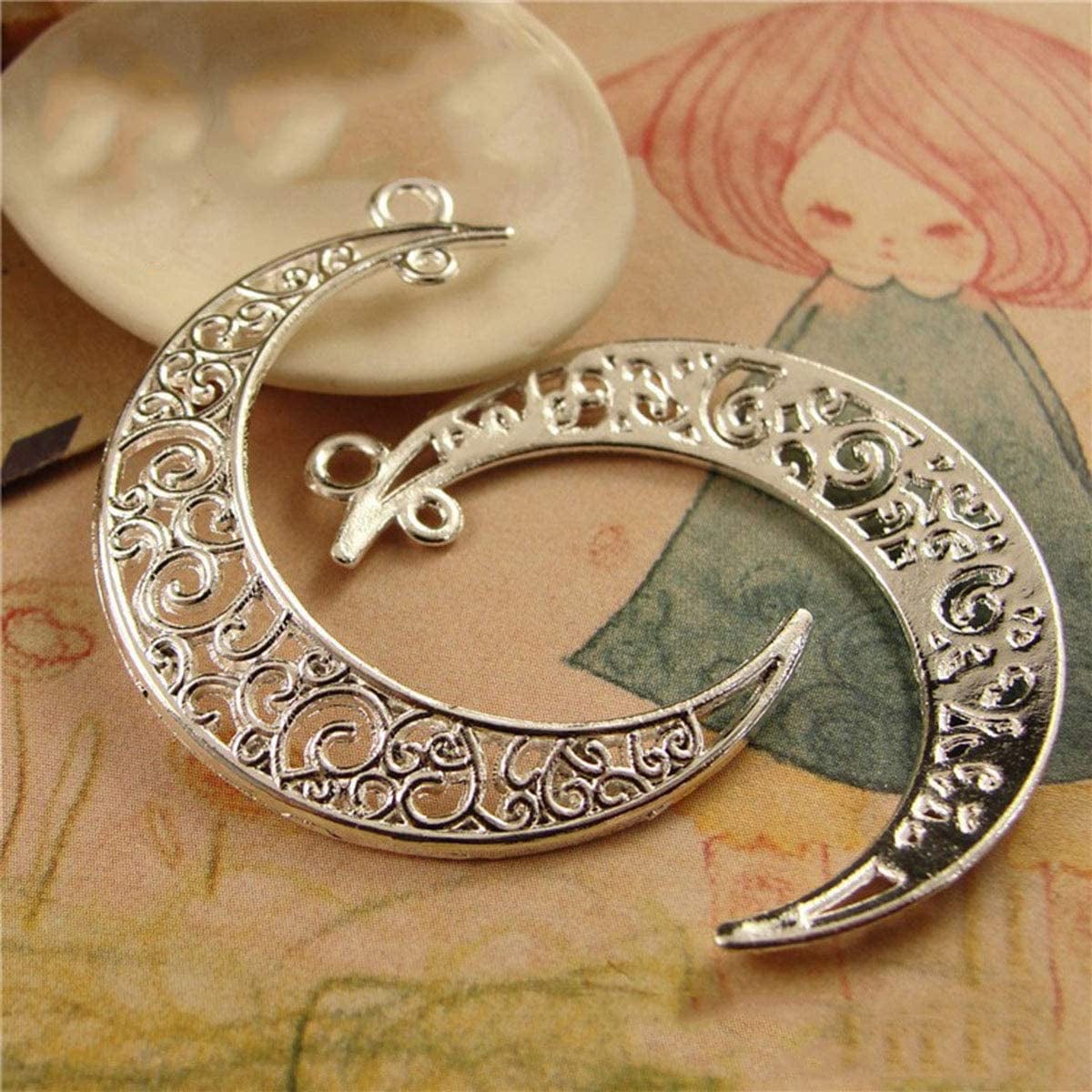 Alloy Pack of 50 Moon Shape Silver Charms Pendants for Making Bracelet and Necklace (Moon 50Pcs Silver)