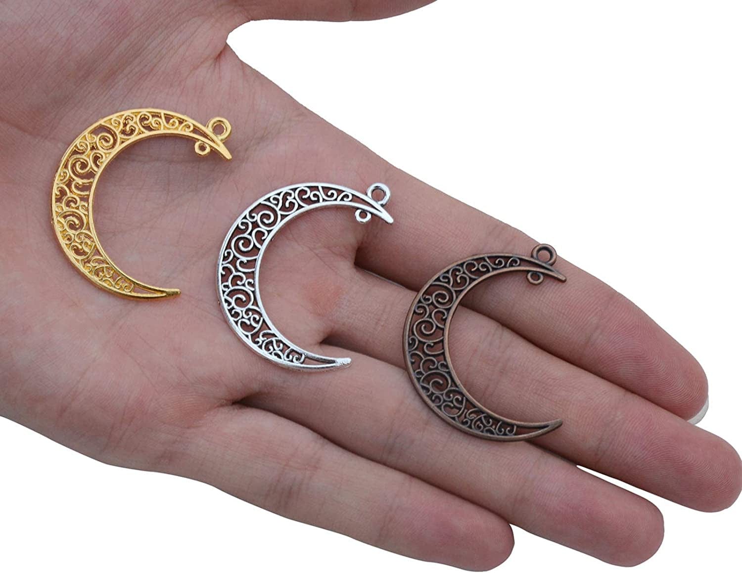 Alloy Pack of 50 Moon Shape Silver Charms Pendants for Making Bracelet and Necklace (Moon 50Pcs Silver)