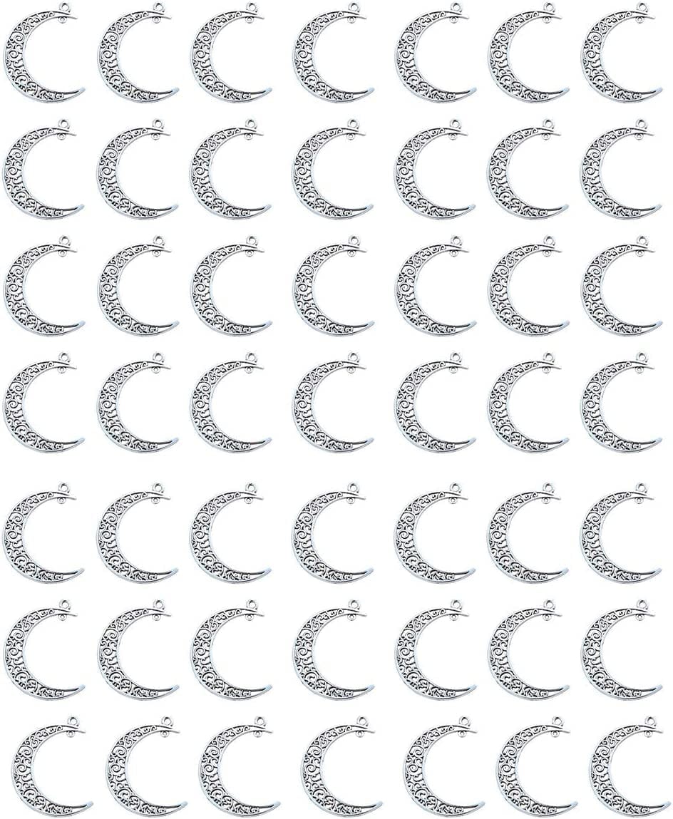 Alloy Pack of 50 Moon Shape Silver Charms Pendants for Making Bracelet and Necklace (Moon 50Pcs Silver)