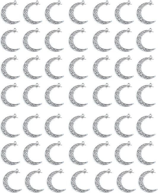 Alloy Pack of 50 Moon Shape Silver Charms Pendants for Making Bracelet and Necklace (Moon 50Pcs Silver)