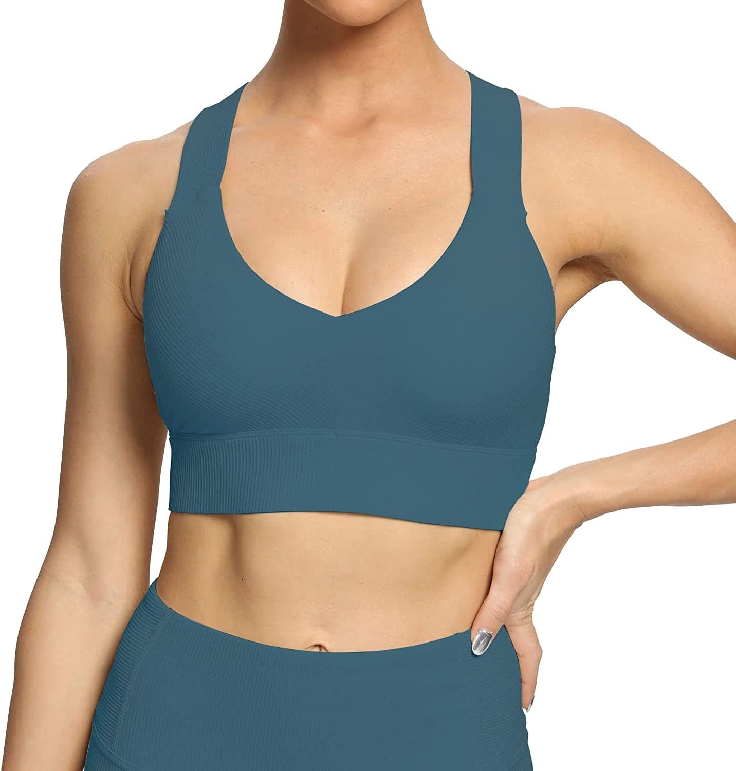Altiland High Impact Supportive Sports Bras for Women, V Neck Padded Workout Yoga Fitness Running Athletic Tops Deep Jade / Small