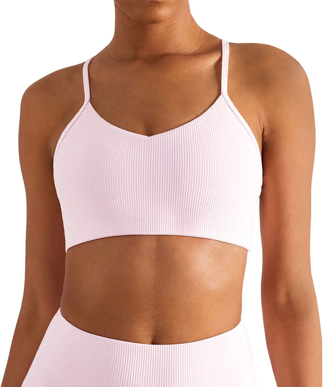 Altiland High Impact Supportive Sports Bras for Women, V Neck Padded Workout Yoga Fitness Running Athletic Tops Rose Pink / Small