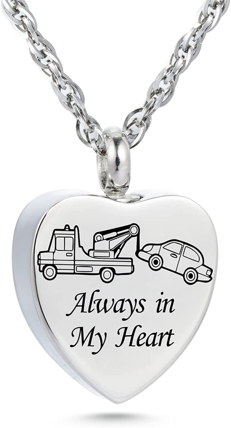 Always in My Heart Urn Necklace for Ashes Trucker Memory Pendant Cremation Jewelry Tow truck