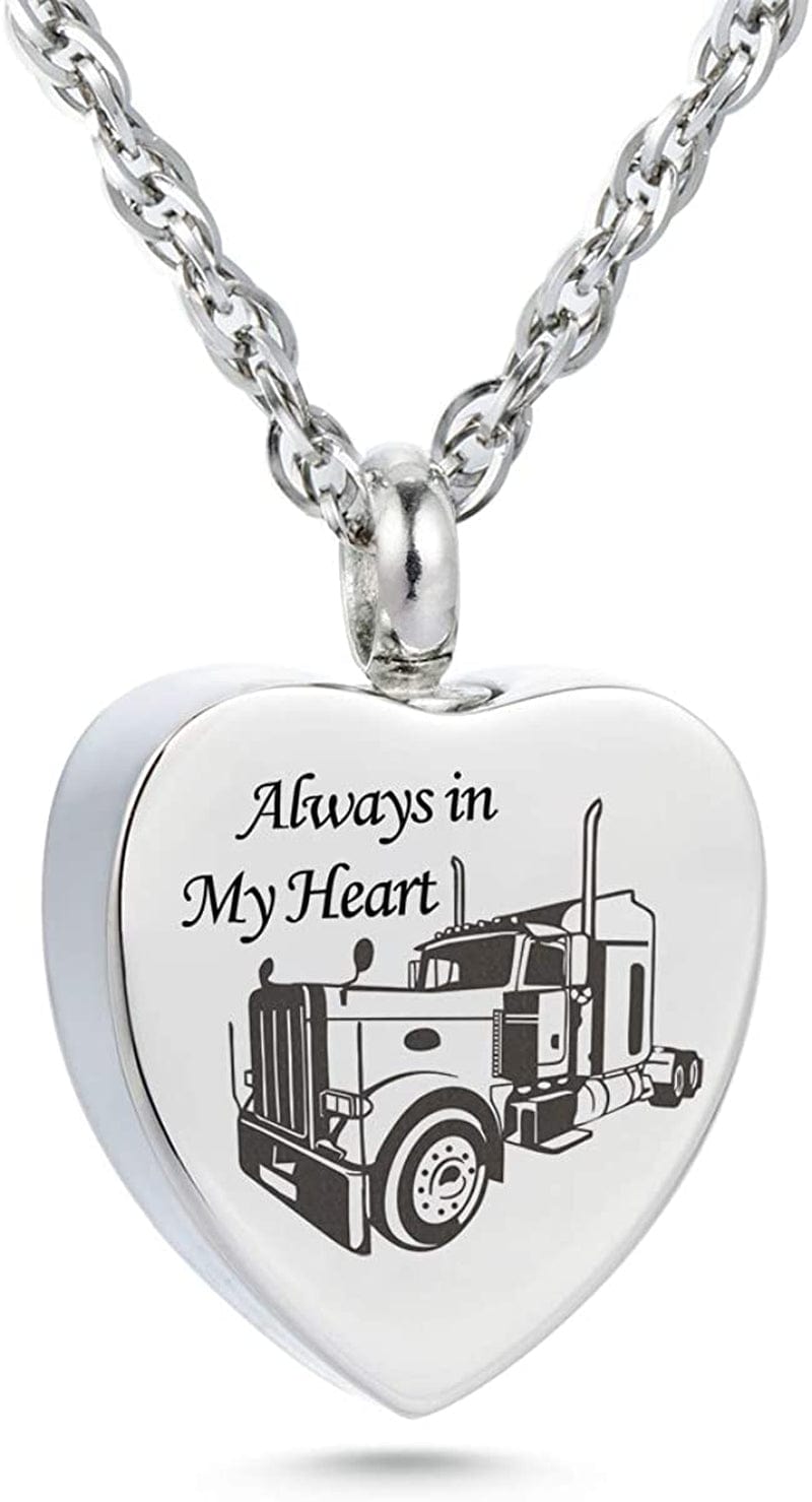 Always in My Heart Urn Necklace for Ashes Trucker Memory Pendant Cremation Jewelry Truck