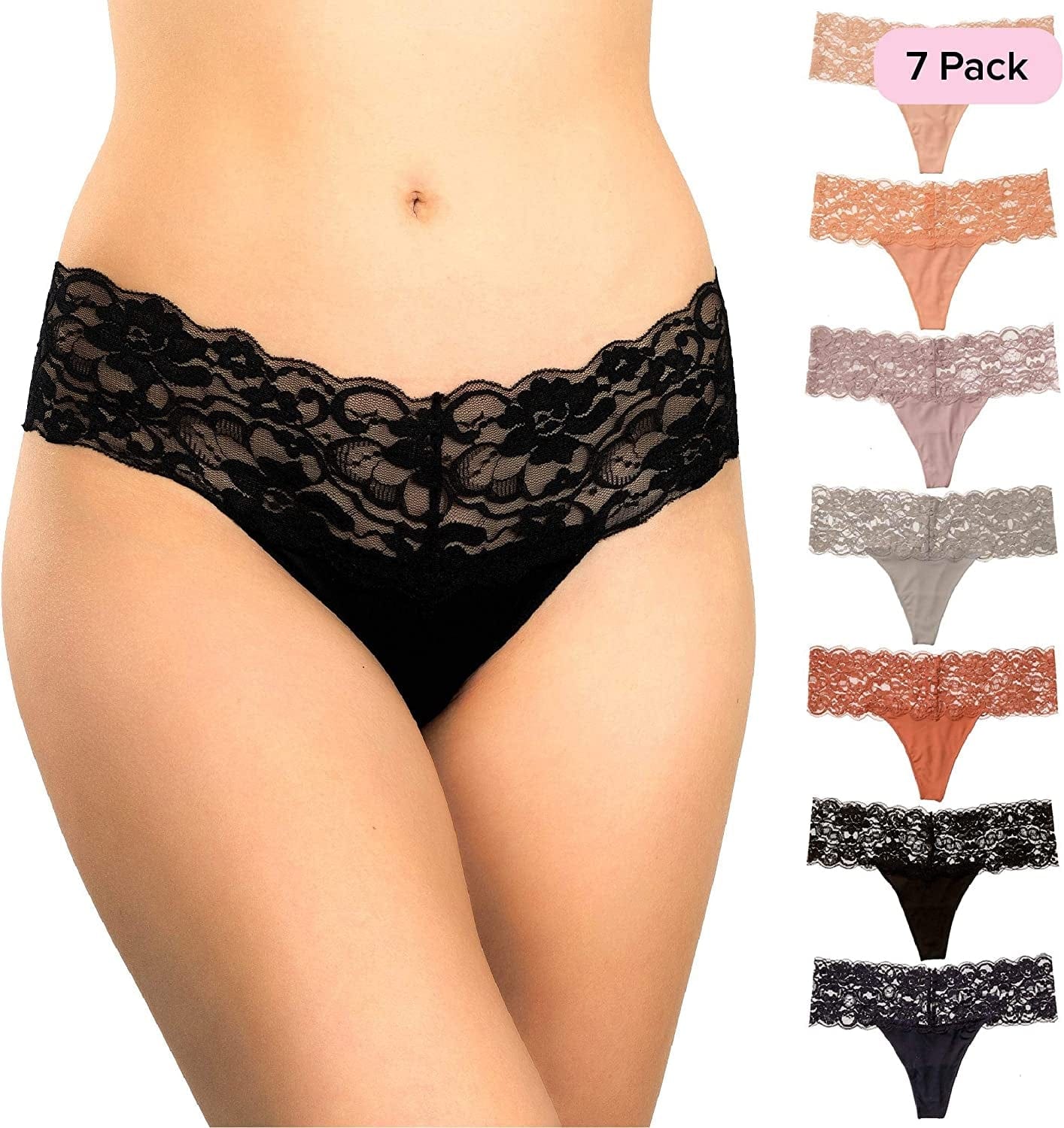 Alyce Intimates Women’S Lace Thong, Pack of 7 Lace Waistband / X-Large