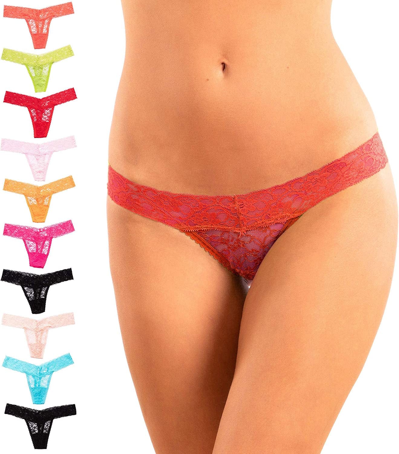 Alyce Ives Intimates Womens All Lace Thong, Pack of 10 Neon Colors / Medium