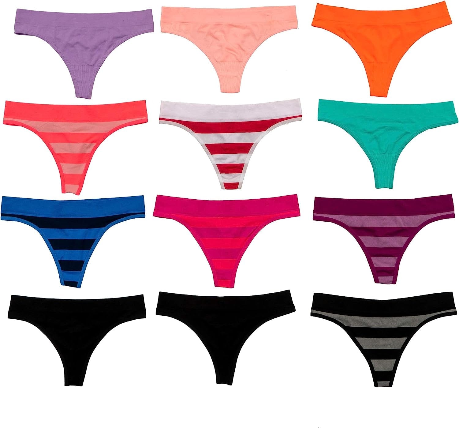 Alyce Ives Intimates Womens Seamless No Show Thong, Pack of 12 Striped 2 / Small