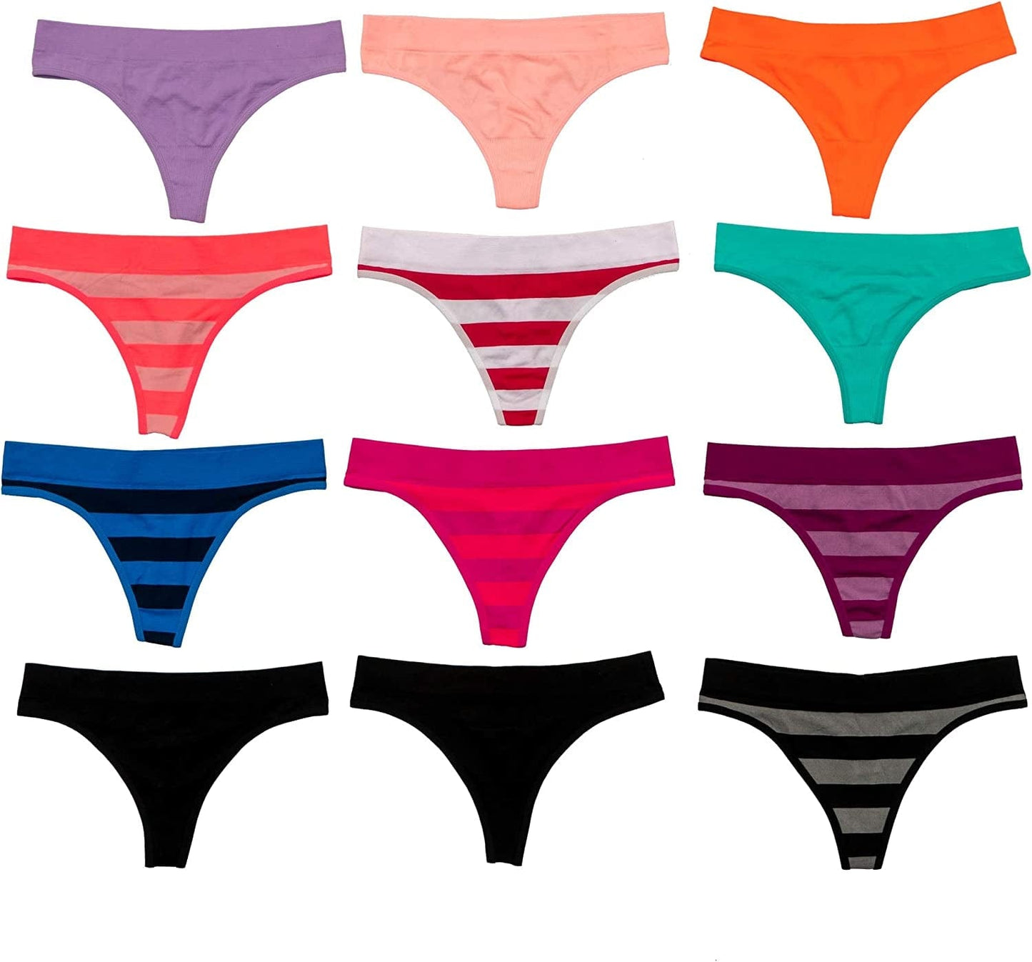 Alyce Ives Intimates Womens Seamless No Show Thong, Pack of 12 Striped 2 / Medium