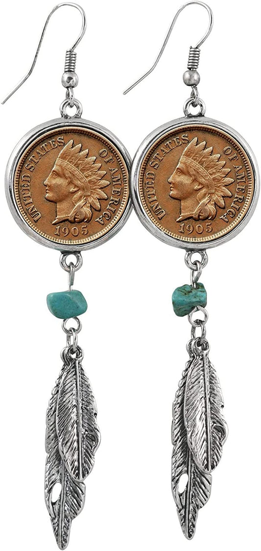 American Coin Treasures 100 Year Old Indian Head Penny Feather Silvertone Coin Earrings Apparel & Accessories > Jewelry > Earrings American Coin Treasures