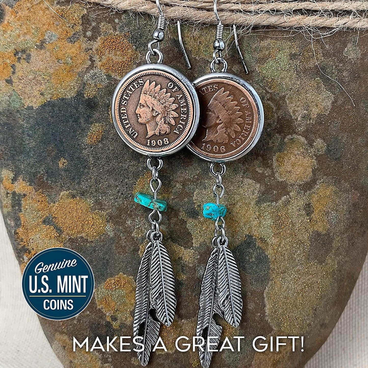 American Coin Treasures 100 Year Old Indian Head Penny Feather Silvertone Coin Earrings Apparel & Accessories > Jewelry > Earrings American Coin Treasures