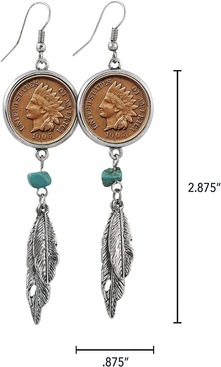 American Coin Treasures 100 Year Old Indian Head Penny Feather Silvertone Coin Earrings Apparel & Accessories > Jewelry > Earrings American Coin Treasures