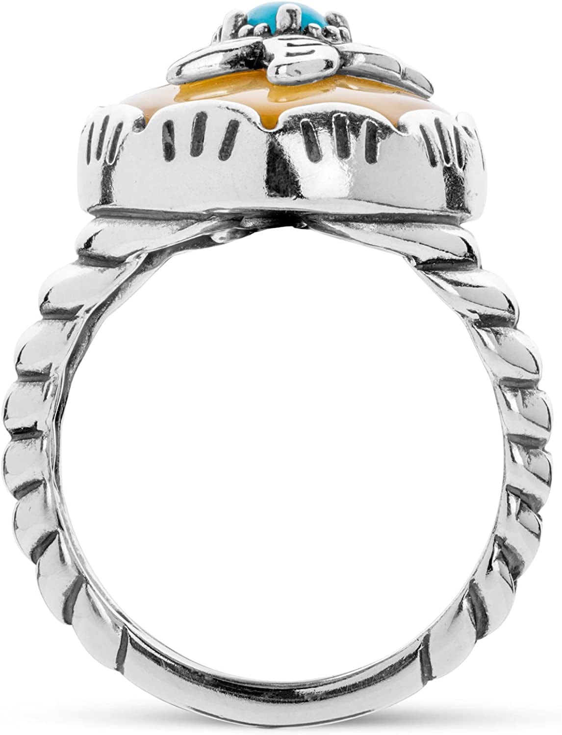American West Sterling Silver Women'S Ring Blue Turquoise and Gold Mother of Pearl Gemstone Hummingbird Design Size 5 to 10
