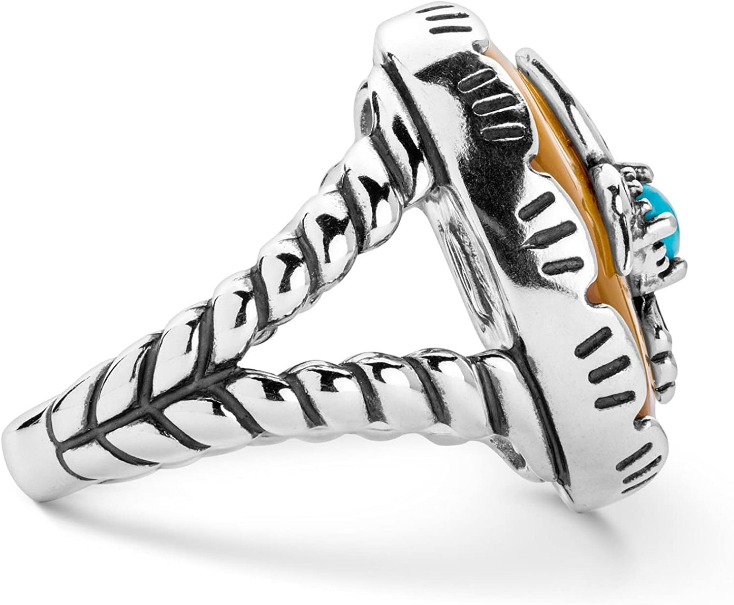 American West Sterling Silver Women'S Ring Blue Turquoise and Gold Mother of Pearl Gemstone Hummingbird Design Size 5 to 10
