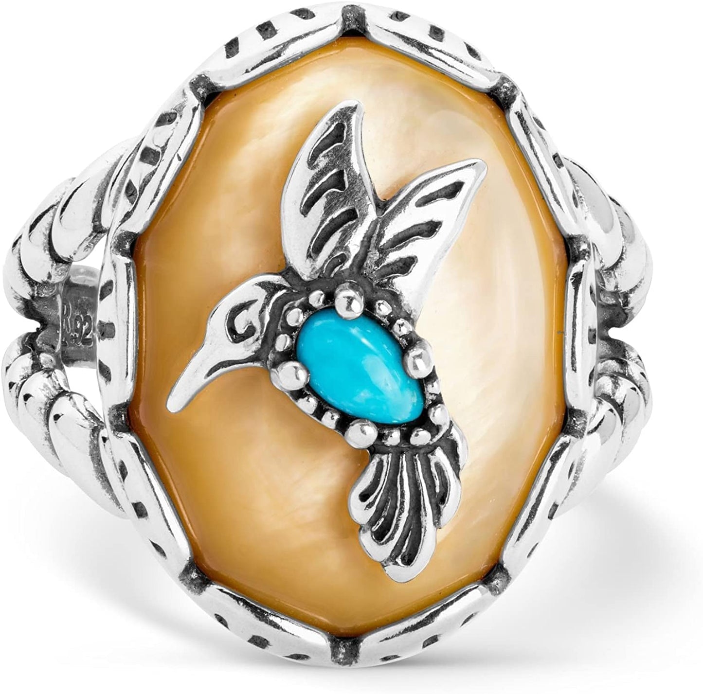 American West Sterling Silver Women'S Ring Blue Turquoise and Gold Mother of Pearl Gemstone Hummingbird Design Size 5 to 10
