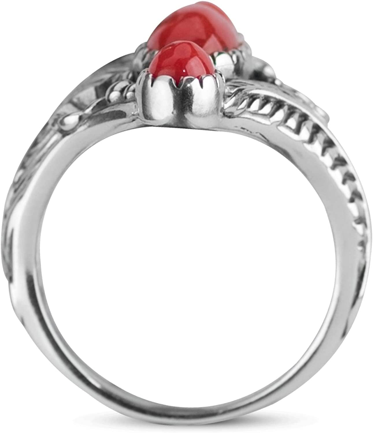 American West Sterling Silver Women'S Statement Ring Red Coral Gemstone Leaf Flower Elongated Design Size 5 to 10