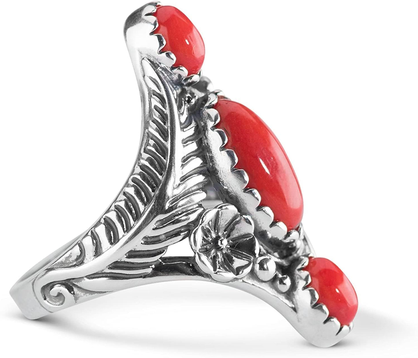 American West Sterling Silver Women'S Statement Ring Red Coral Gemstone Leaf Flower Elongated Design Size 5 to 10