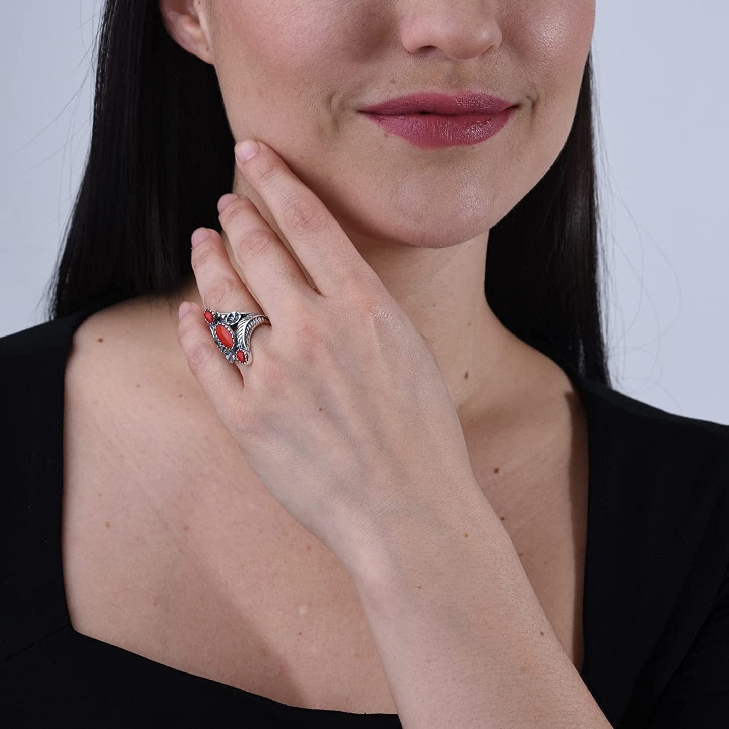 American West Sterling Silver Women'S Statement Ring Red Coral Gemstone Leaf Flower Elongated Design Size 5 to 10