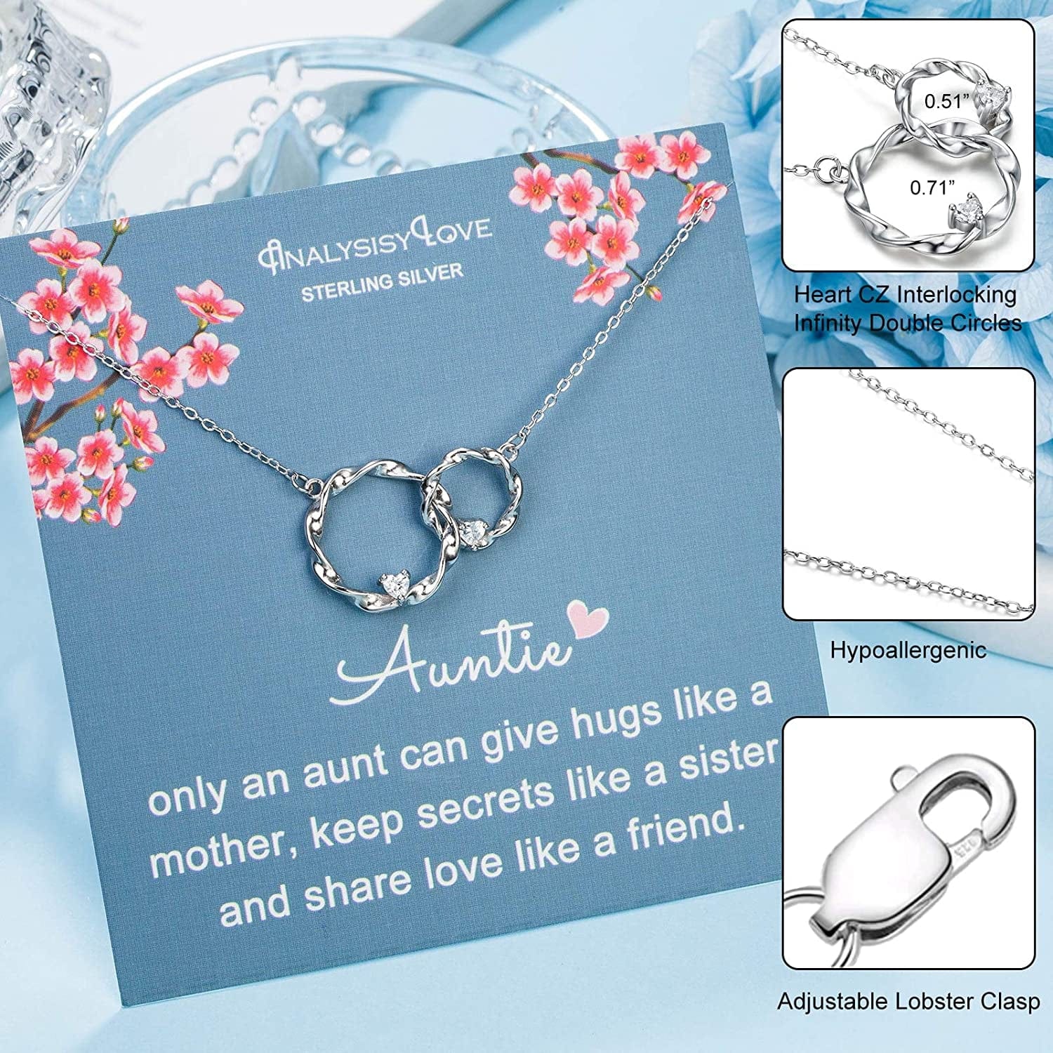 Analysisylove Aunt Niece Necklace - Sterling Silver Two Interlocking Infinity Double Circle Pendant for Women, Mothers Day Jewelry Birthday Gift, Aunt Gifts from Niece