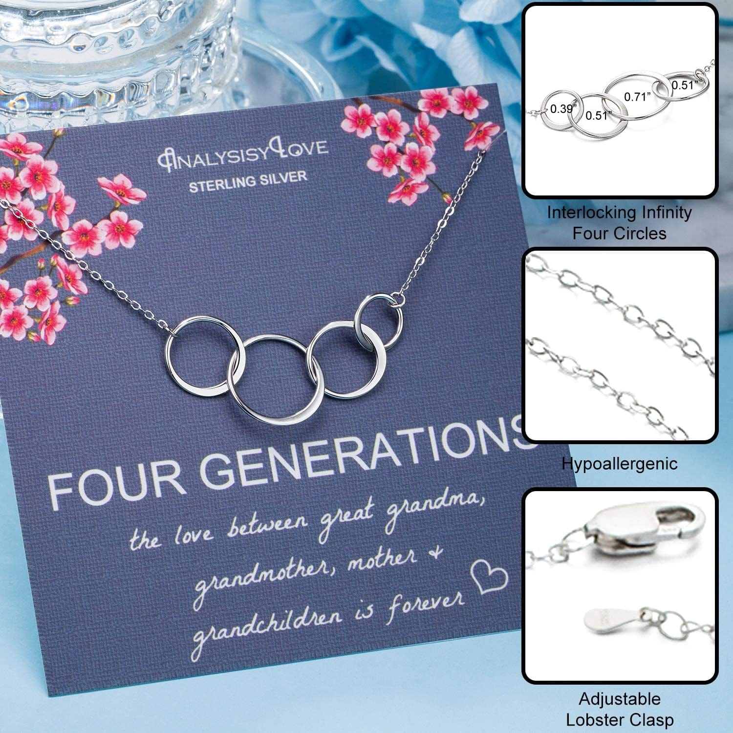Analysisylove Four Generations Necklace for Great Grandma Gifts - Sterling Silver 4 Circle Infinity Necklaces for Women, Mom Gift, Mothers Day Jewelry, Grandmother Birthday Gifts from Grandchildren