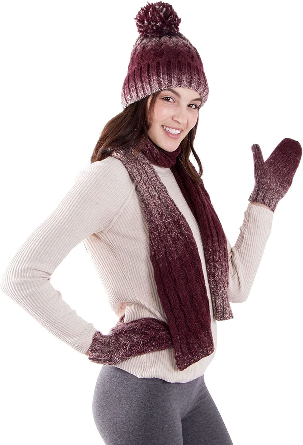 ANDORRA 3 in 1 Women Soft Warm Thick Cable Knitted Hat Scarf & Gloves Winter Set Apparel & Accessories > Clothing Accessories > Gloves & Mittens ANDORRA