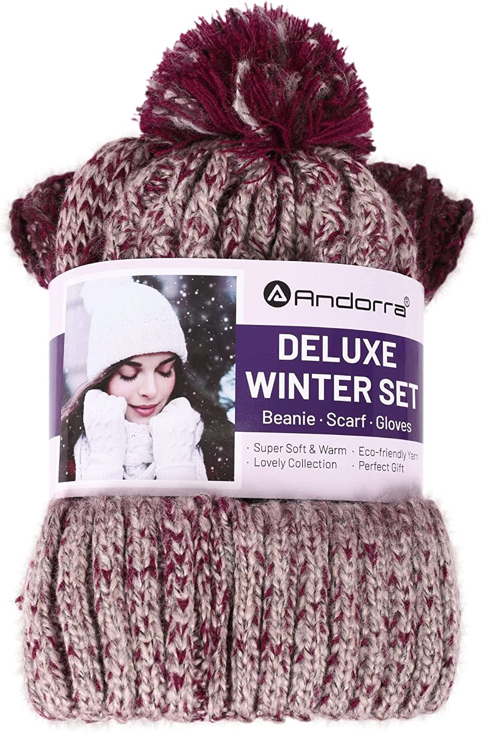 ANDORRA 3 in 1 Women Soft Warm Thick Cable Knitted Hat Scarf & Gloves Winter Set Apparel & Accessories > Clothing Accessories > Gloves & Mittens ANDORRA