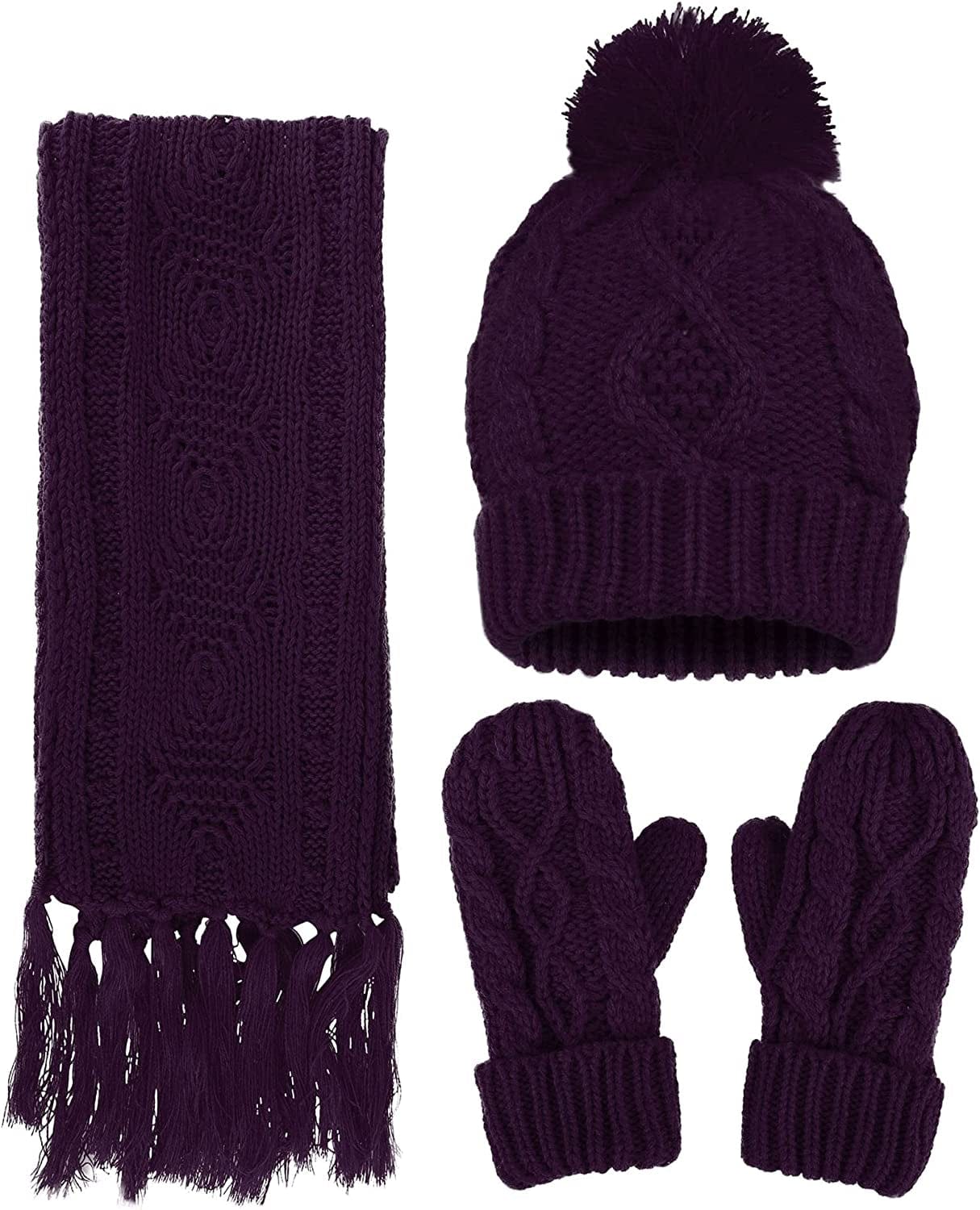 ANDORRA 3 in 1 Women Soft Warm Thick Cable Knitted Hat Scarf & Gloves Winter Set Apparel & Accessories > Clothing Accessories > Gloves & Mittens ANDORRA Purple