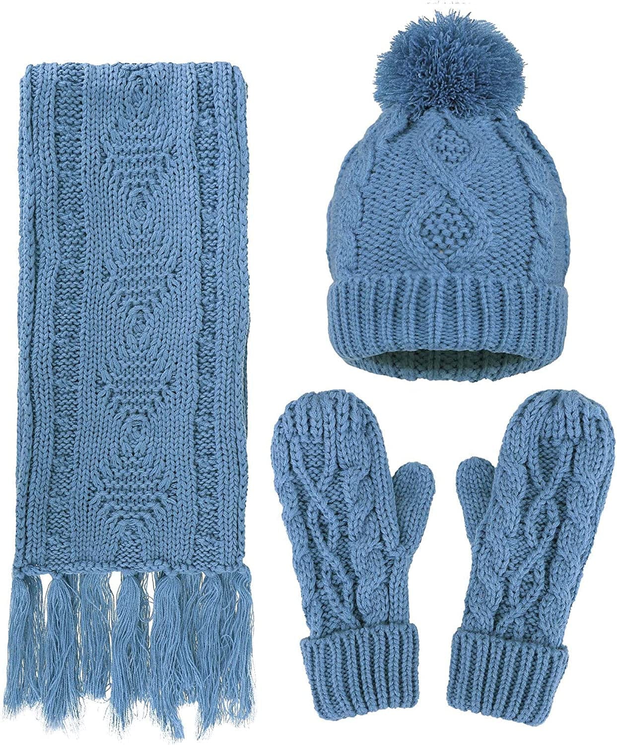 ANDORRA 3 in 1 Women Soft Warm Thick Cable Knitted Hat Scarf & Gloves Winter Set Apparel & Accessories > Clothing Accessories > Gloves & Mittens ANDORRA Cyan