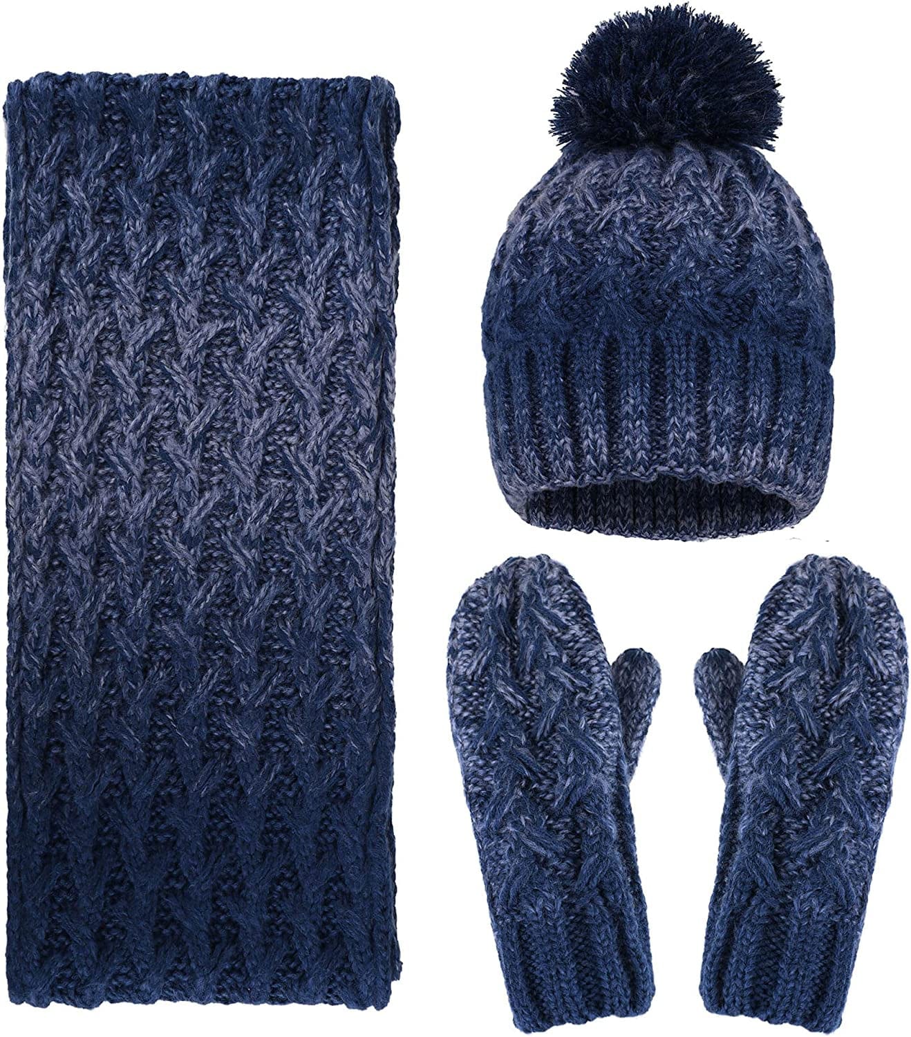 ANDORRA 3 in 1 Women Soft Warm Thick Cable Knitted Hat Scarf & Gloves Winter Set Apparel & Accessories > Clothing Accessories > Gloves & Mittens ANDORRA Navy/Blue Gradient