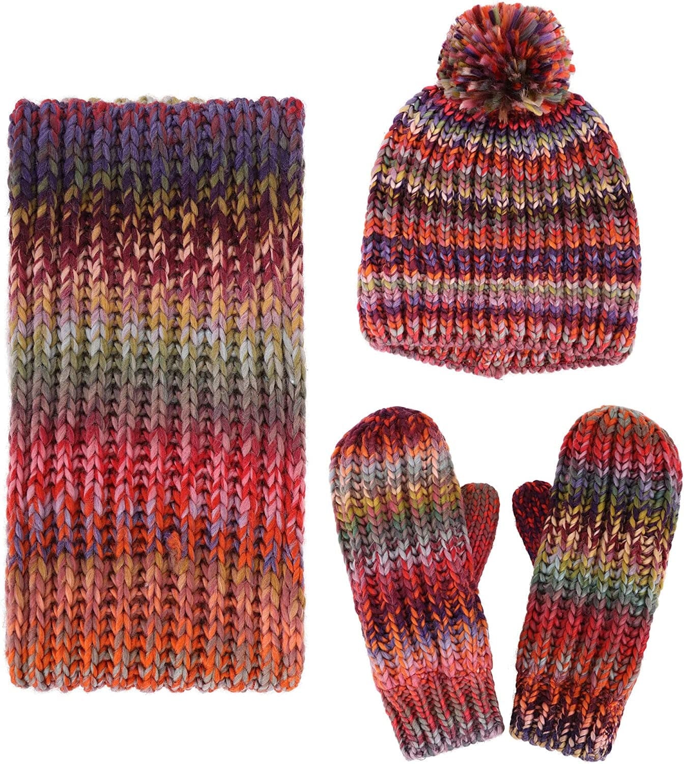 ANDORRA 3 in 1 Women Soft Warm Thick Cable Knitted Hat Scarf & Gloves Winter Set Apparel & Accessories > Clothing Accessories > Gloves & Mittens ANDORRA Mix Burgundy/Orange