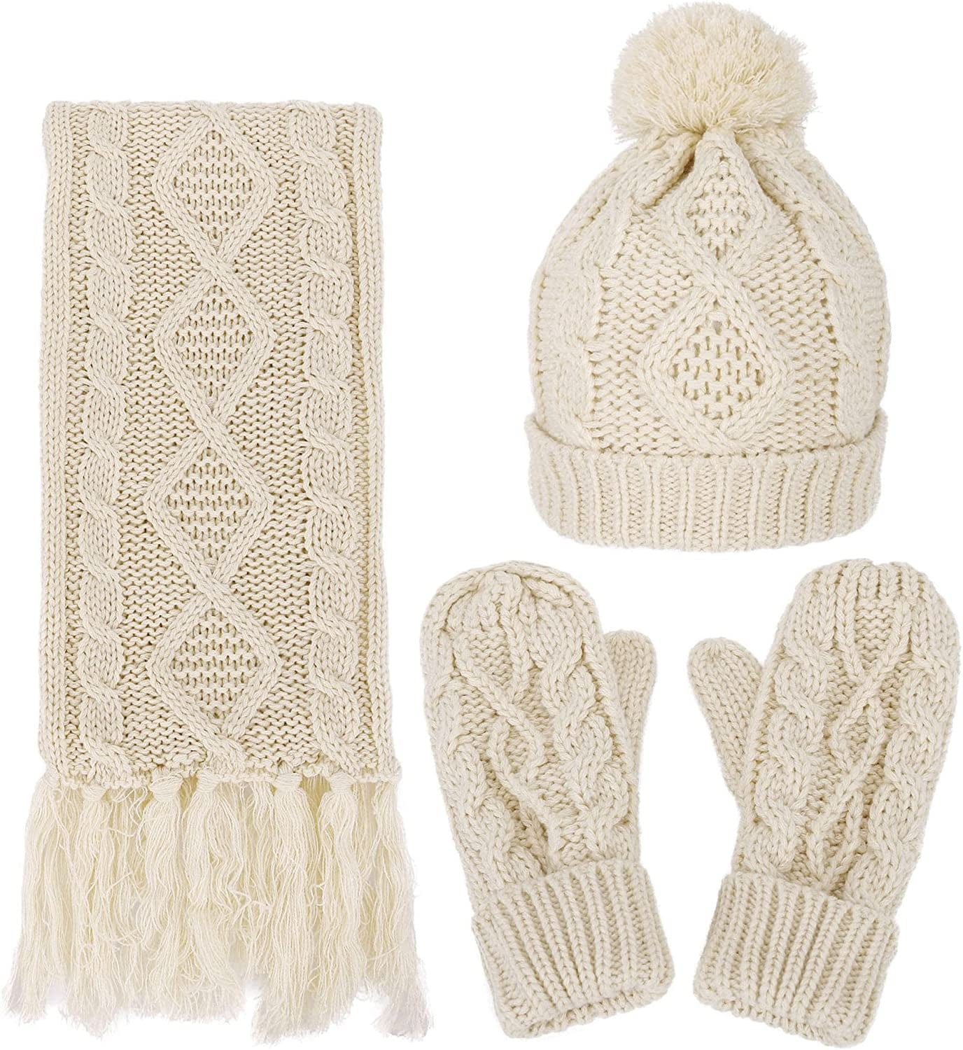 ANDORRA 3 in 1 Women Soft Warm Thick Cable Knitted Hat Scarf & Gloves Winter Set Apparel & Accessories > Clothing Accessories > Gloves & Mittens ANDORRA A-sand