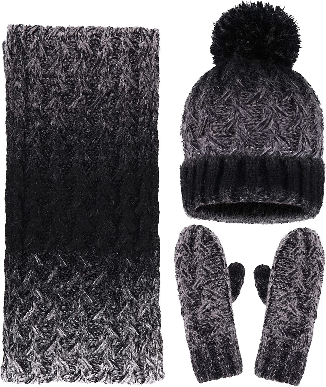 ANDORRA 3 in 1 Women Soft Warm Thick Cable Knitted Hat Scarf & Gloves Winter Set Apparel & Accessories > Clothing Accessories > Gloves & Mittens ANDORRA Black/Grey Gradient