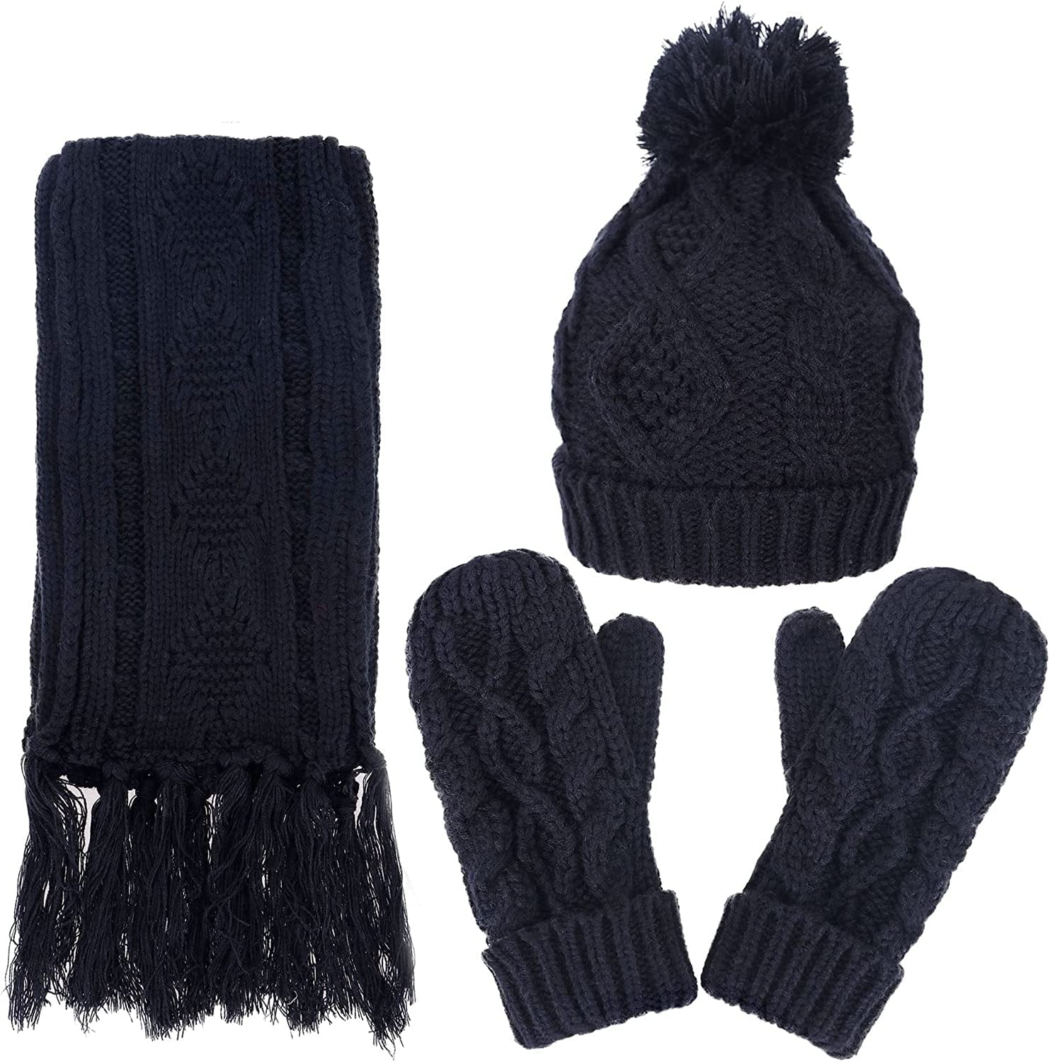 ANDORRA 3 in 1 Women Soft Warm Thick Cable Knitted Hat Scarf & Gloves Winter Set Apparel & Accessories > Clothing Accessories > Gloves & Mittens ANDORRA Black