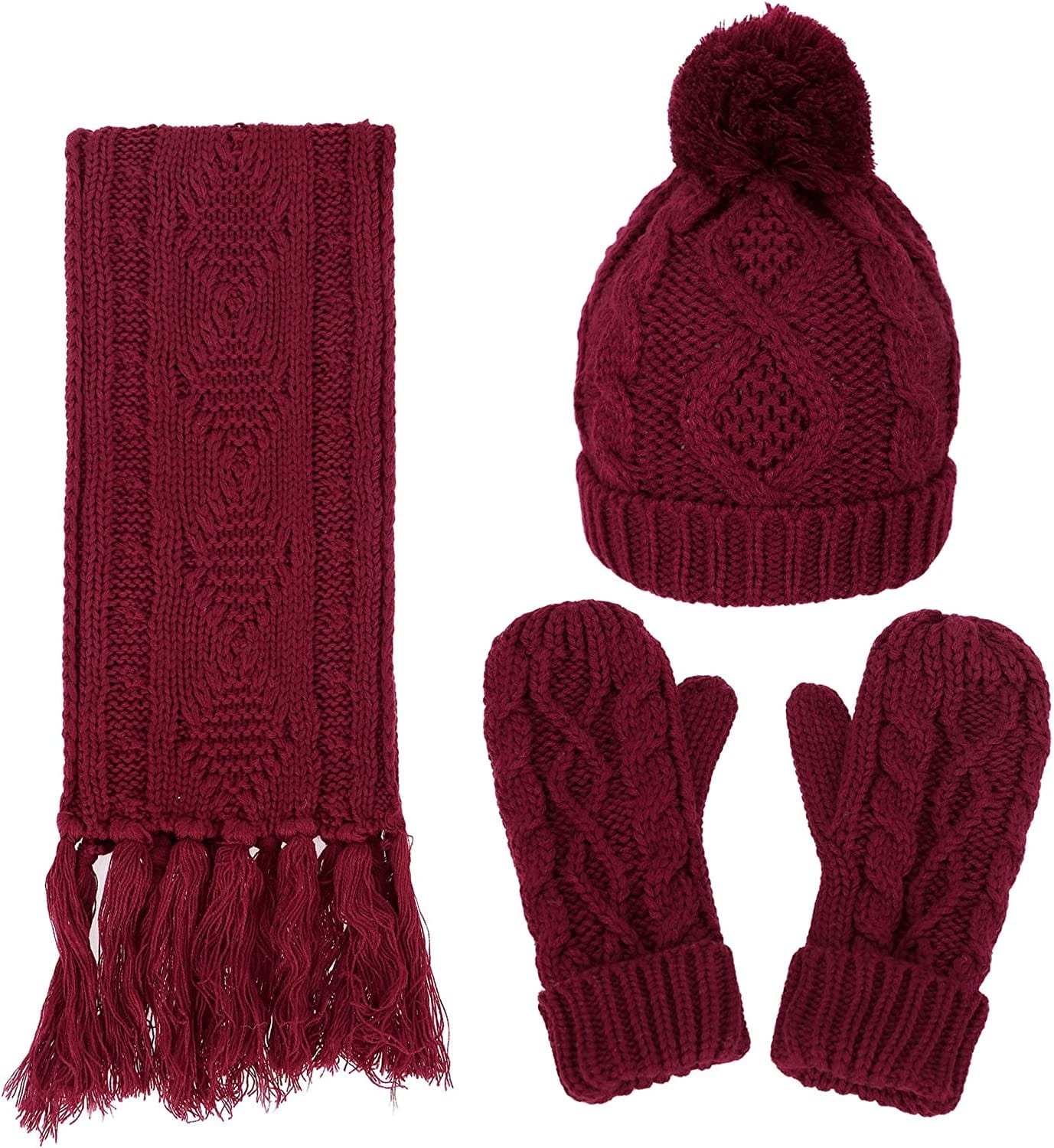 ANDORRA 3 in 1 Women Soft Warm Thick Cable Knitted Hat Scarf & Gloves Winter Set Apparel & Accessories > Clothing Accessories > Gloves & Mittens ANDORRA Burgundy