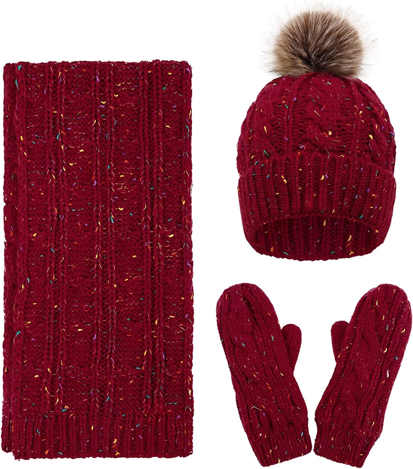 ANDORRA 3 in 1 Women Soft Warm Thick Cable Knitted Hat Scarf & Gloves Winter Set Apparel & Accessories > Clothing Accessories > Gloves & Mittens ANDORRA Mix Burgundy