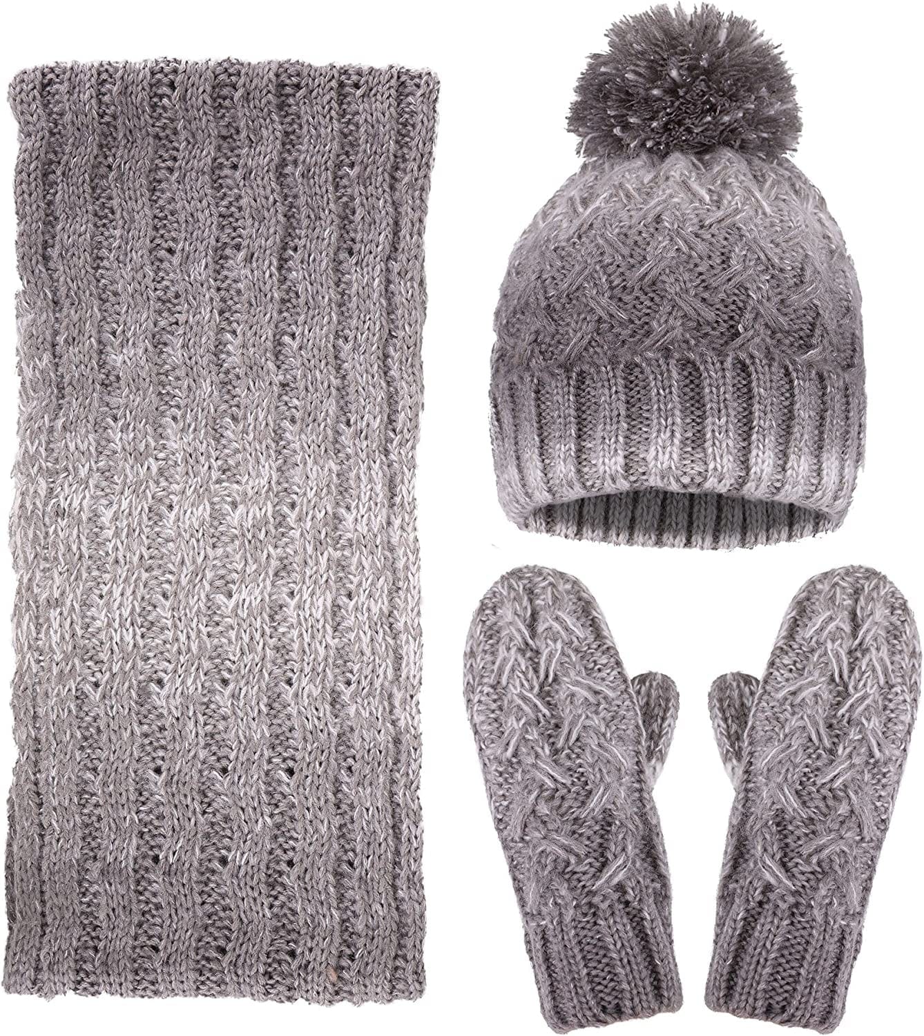 ANDORRA 3 in 1 Women Soft Warm Thick Cable Knitted Hat Scarf & Gloves Winter Set Apparel & Accessories > Clothing Accessories > Gloves & Mittens ANDORRA Grey/Charcoal Gradient